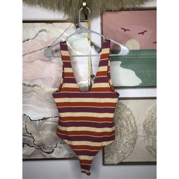 FREE PEOPLE | Striped Plunge Neck Thong Bodysuit, Like New - Picture 1 of 3